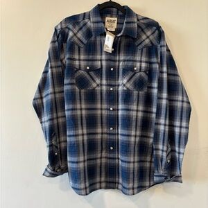 New Ariat Retro Fit Plaid Pearl Snap Button Up Long Sleeve Western Shirt Men L